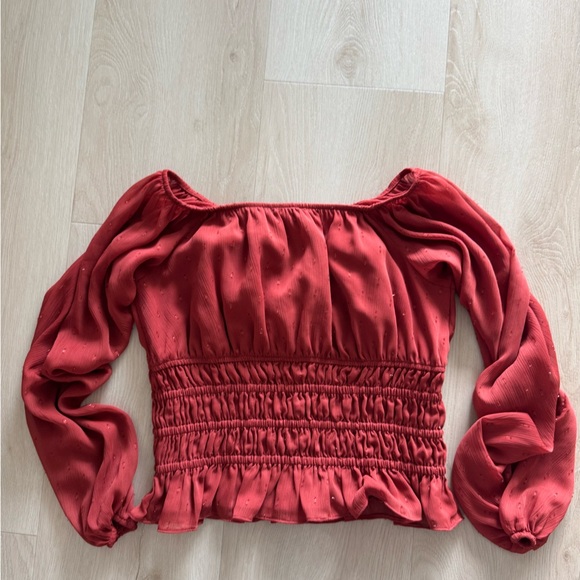 Express Rust Red Smocked Blouse - Picture 3 of 5